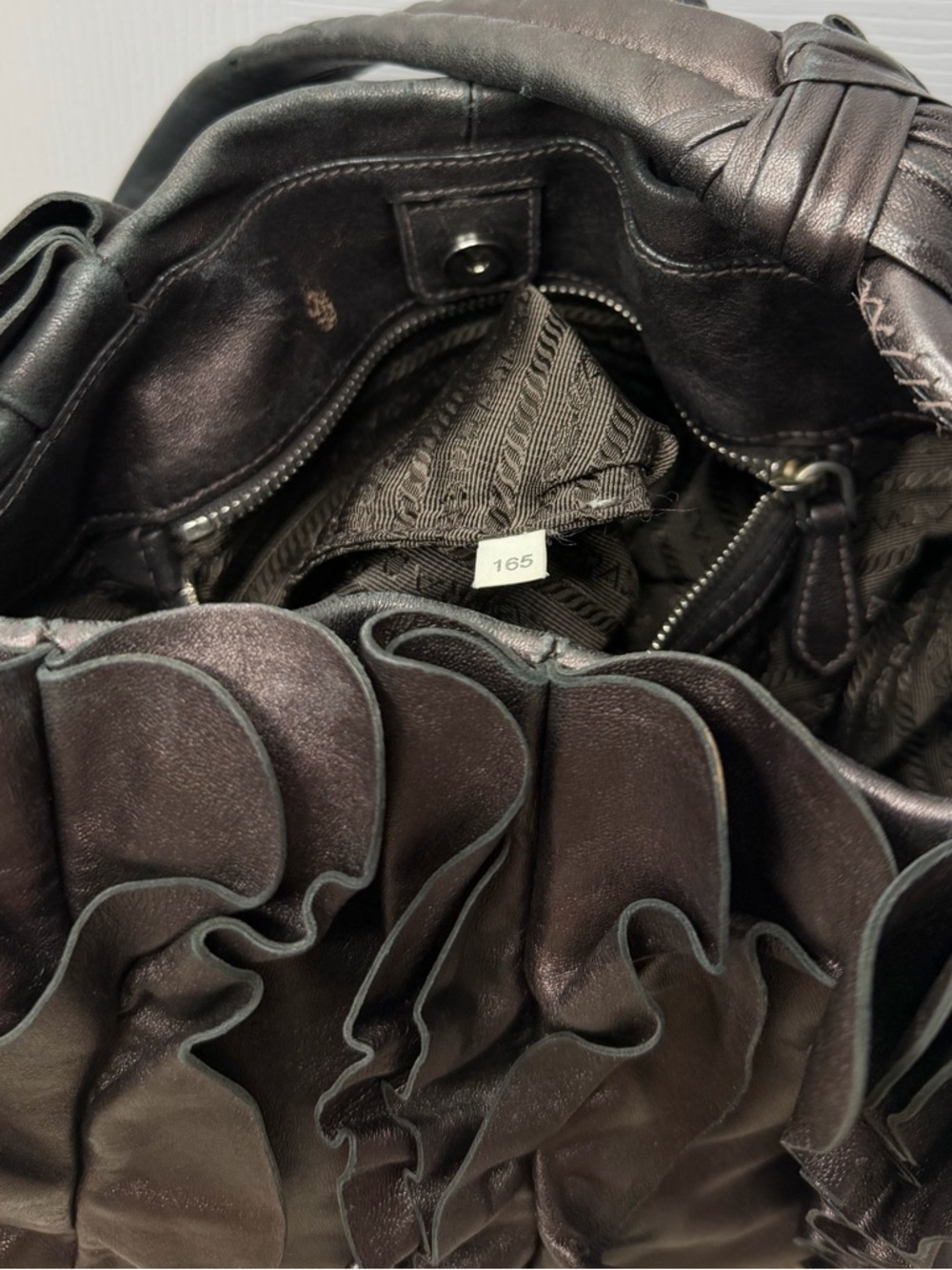 Prada Brown Nappa Mordore Ruffle Hobo Bag Purse. - Picture 9 of 9
